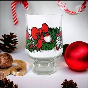 Christmas Pedestal Glasses Red Green Wreath Candles Holly Ribbons 8 oz each Set